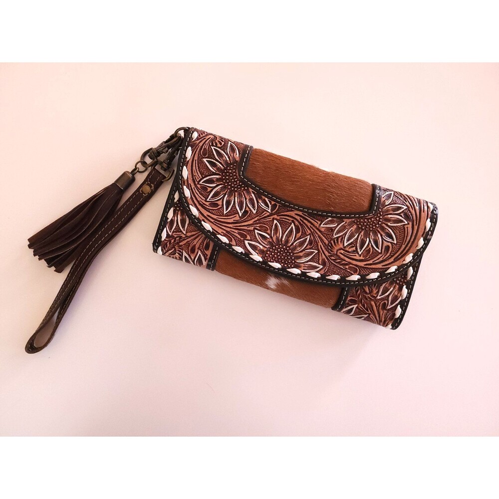 Myra Sandstone Trail Hairon Wristlet Wallet  Leather Western Hand-Tooled Cowgirl